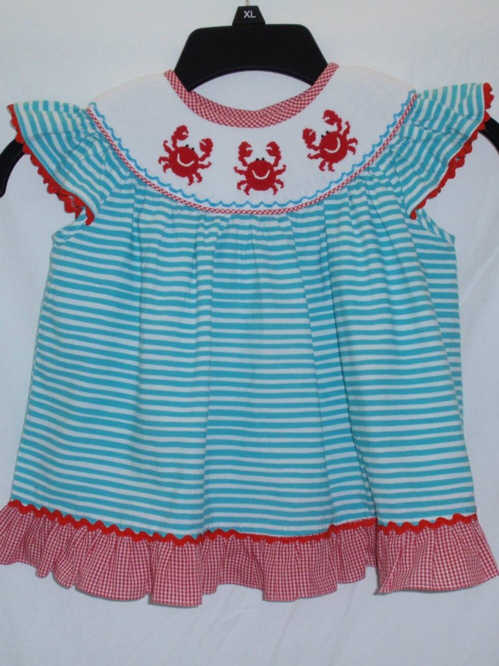 Three Sisters Smocked Embroidered Red Crabs Top Blouse Striped Beach 3t